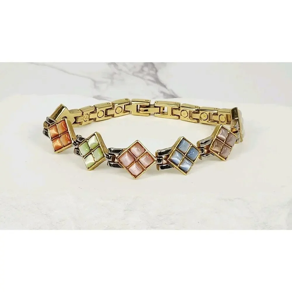Vintage Retro Pastel Mosaic Cat's Eye Diamond Panel Link Bracelet 7.5